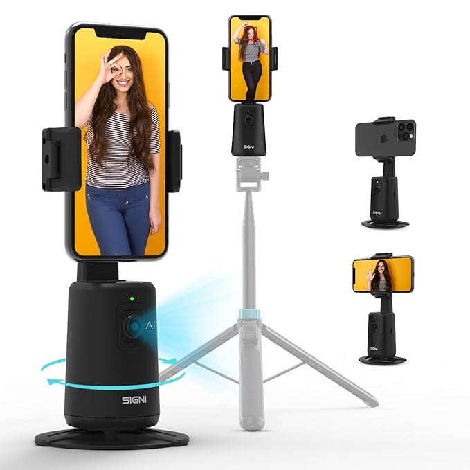 SKYVIK SIGNI Smart AI Auto Face Tracking Stand with Mobile Holder/Auto 360° Phone Rotation/for Video Reels Vlogging/Start & Stop Gesture Control/Tracker for Smartphones-(Tripod Not Included)